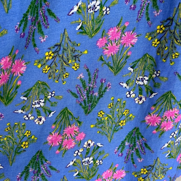 LOFT size 10 U neck puff sleeve short dress fit & flare blue floral linen blend - Picture 12 of 13